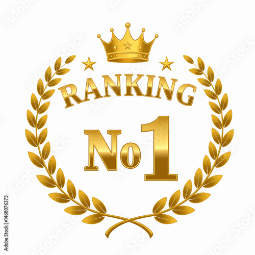 A golden circular laurel wreath with delicate leaves surrounds the text "RANKING" placed above a large number "1" on a transparent white background for vector illustration.