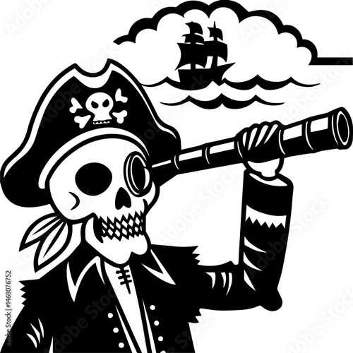 Pirate skull with ship tattoo design, SVG with clean lines. Pirate Skull with Telescope and Ship in Background Image
