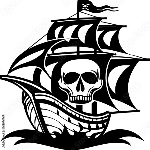 Pirate skull with ship tattoo design, SVG with clean lines. Pirate Ship with Skull Flag on Waves in Black and White