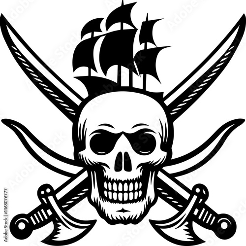 Pirate skull with ship tattoo design, SVG with clean lines. Skull and Crossbones with Pirate Ship and Swords Design