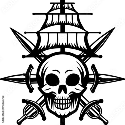 Pirate skull with ship tattoo design, SVG with clean lines. Pirate Ship with Skull and Crossed Swords Design Element
