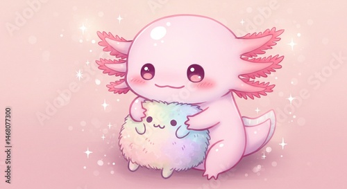 Adorable Pink Axolotl Cartoon Character Hugging Rainbow Fluffy Friend
