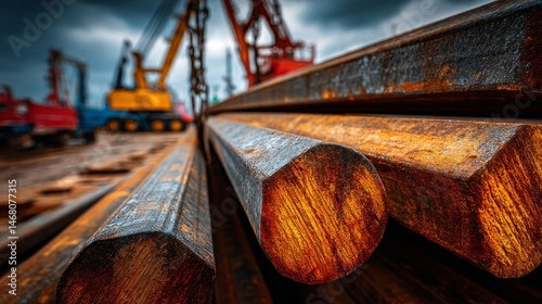 Close-up View of Rusty Steel Bars at Industrial Construction Site
