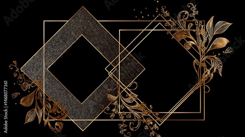 Golden floral design with patterned diamond shapes on a black colored background
