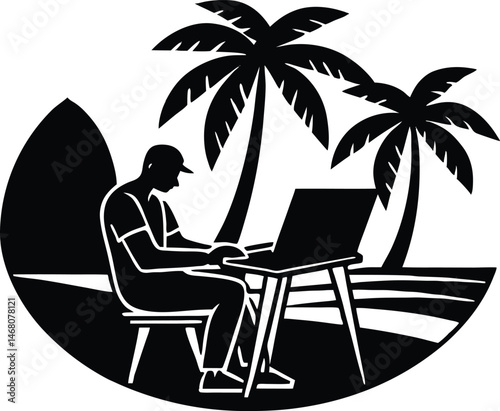 Man Working from a Beach Silhouette
