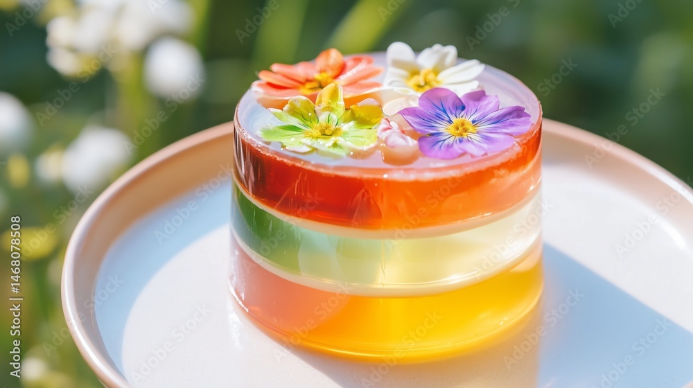 Bright layered jelly with floral decorations on a plate Bright layered jelly with floral decorations on a plate
