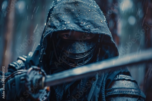 Kendo Warrior in Traditional Armor Practicing with Shinai Sword photo