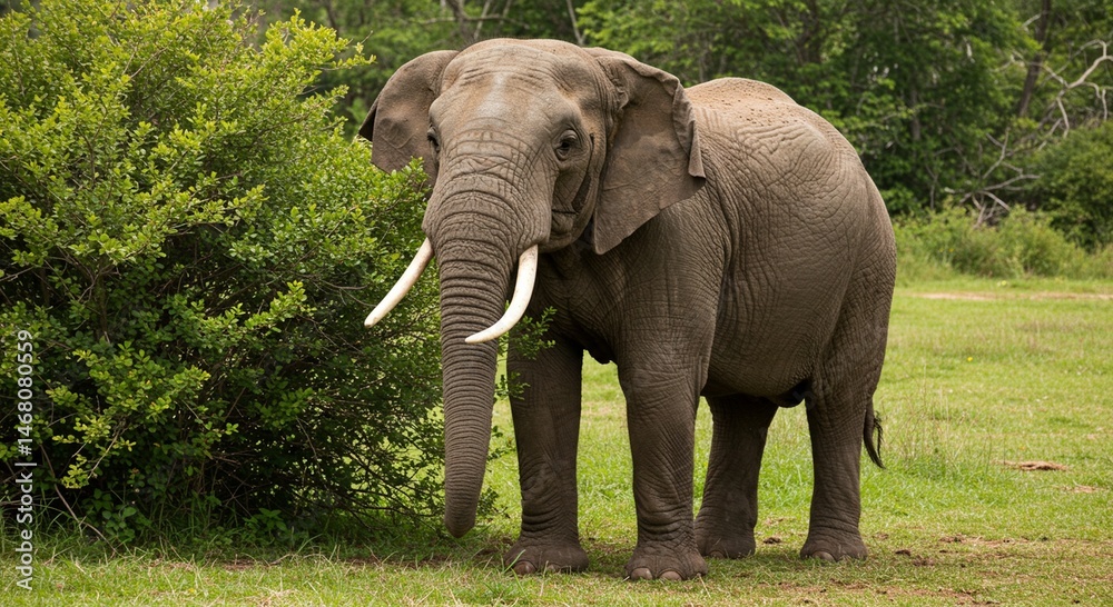 Fototapeta premium Majestic African Elephant Bull in Lush Green Savanna Habitat