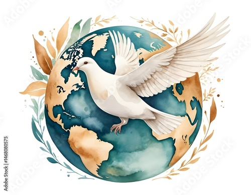 Watercolor Dove of Peace Soaring Over Earth