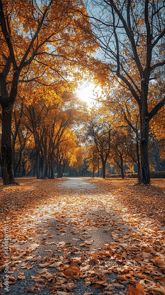 Fototapeta premium Autumnal park path bathed in golden sunlight