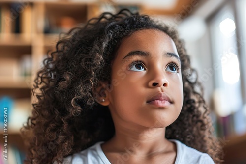 Portrait of a thoughtful young girl with curly hair looking upward indoors