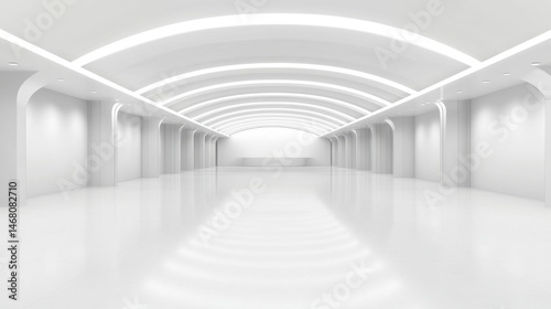 A long white hallway with a curved ceiling and recessed lighting.