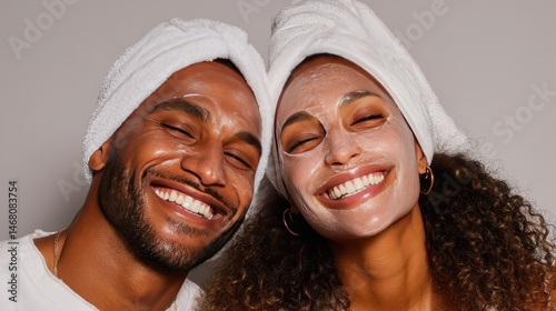 Happy couple applying face masks, studio shot, gray background, skincare routine
