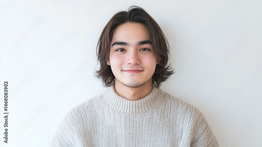 Fototapeta premium Portrait of young man with shoulder length hair wearing knitted sweater against white background