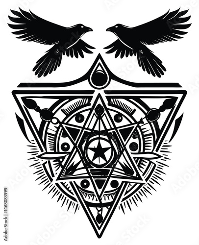 Mystical ravens with sacred geometric patterns and esoteric symbols