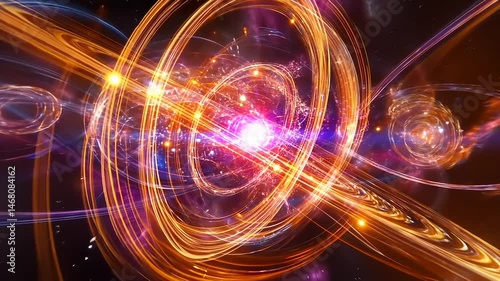Abstract swirling orange, purple, and white light trails against a black background