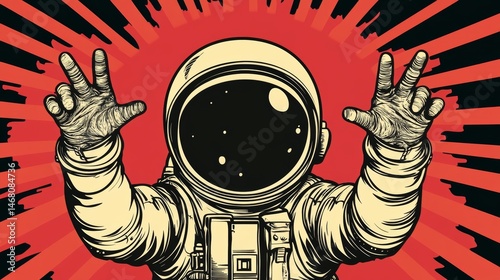 The illustration of an astronaut being lifted by a flying saucer's beam exemplifies the strange happenings in space, including aliens, in a colorful and retro pop art representation of space