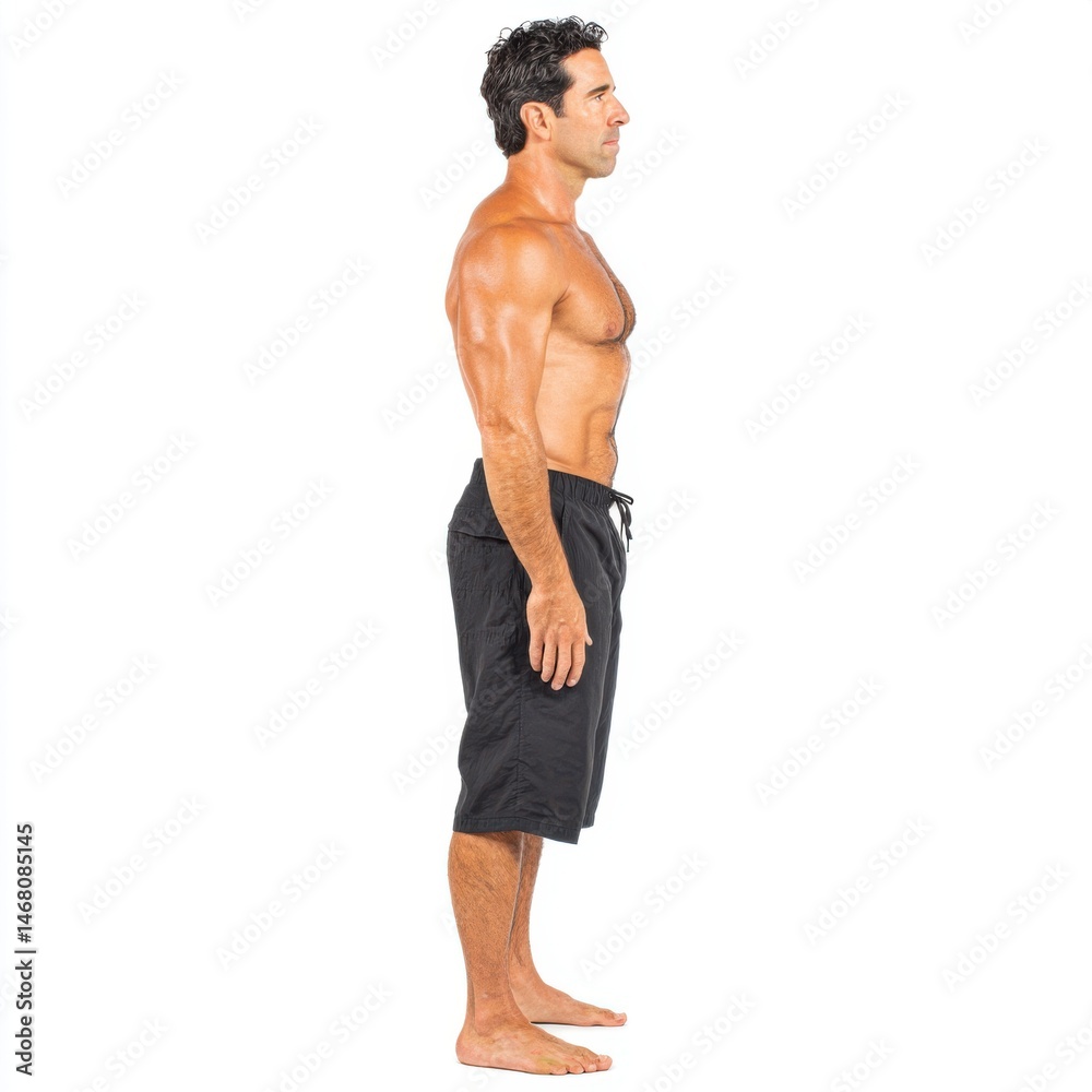 Fototapeta premium Athletic Man Posing Shirtless in Dark Shorts Bodybuilding Posture Side View Against White Background
