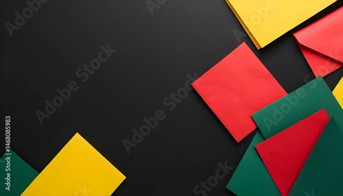 Abstract Red, Yellow, and Green Paper Shapes on Black Background