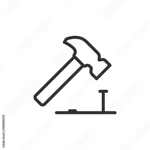 Hammer hitting nail, linear icon. Manual construction or repair tool. Line with editable stroke.