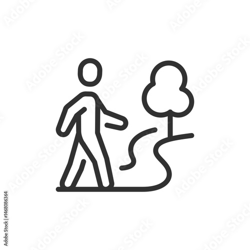 Person walking on path, linear icon. Outdoor activity and daily movement. Line with editable stroke.