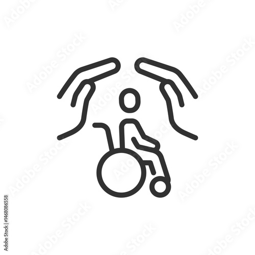 Protection of person in wheelchair, linear icon. Disability support, social care, or insurance. Line with editable stroke.