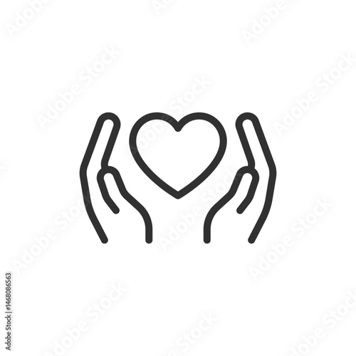 Hands holding heart, linear icon. Care, support, charity, or love. Line with editable stroke.