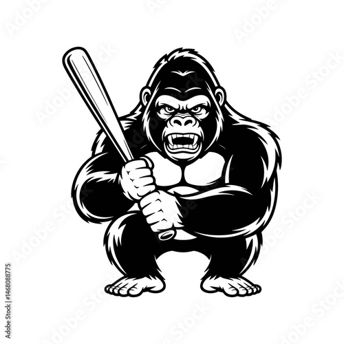 Primal Strength: Fierce gorilla, bat in hand, poised and ready. Capturing raw power and wild spirit in monochrome. 