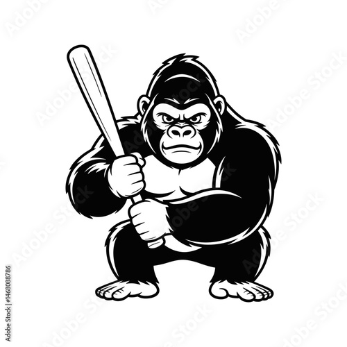 Gorilla with Baseball Bat: A fierce gorilla, rendered in striking black and white, grips a baseball bat, conveying power, strength, and a sense of playful menace.