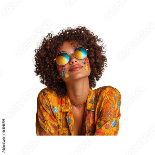 Trendy Young Woman with Colorful Face Paint and Sunglasses