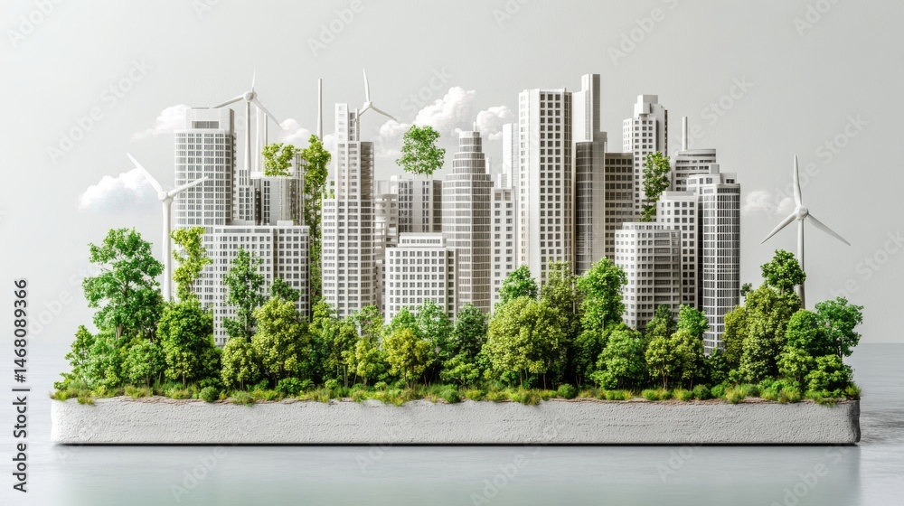 Fototapeta premium A paper cut cityscape of an eco city is designed with modern 3d wavy layered borders, incorporating green energy skyscraper buildings, trees, clouds, and wind turbines to represent ecology and