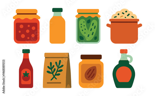 Flat vector icons of homemade organic products: jam jars, bottled juice, homemade pickles, sauerkraut crock, tomato sauce bottle, dried herbs bag, nut butter jar, syrup bottle.