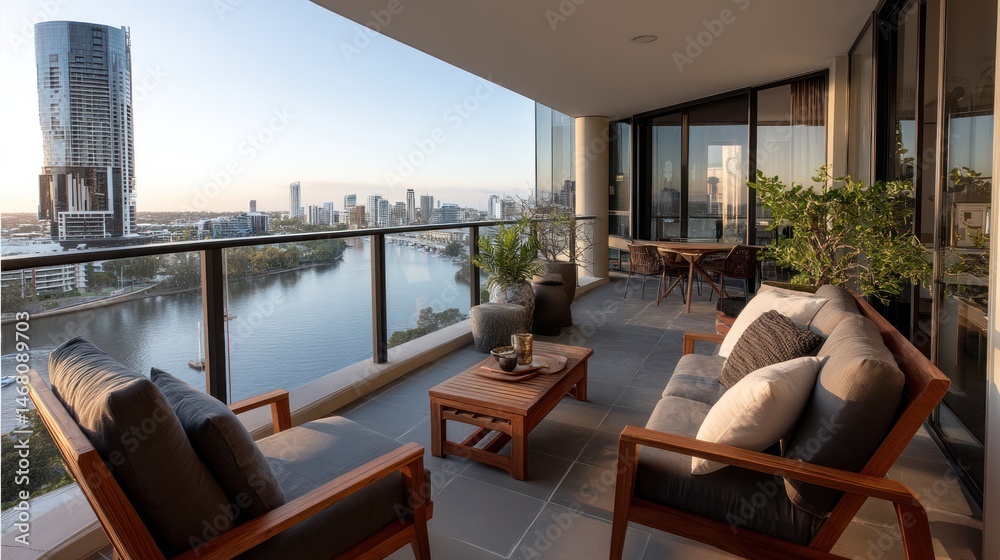 Fototapeta premium Luxury balcony sunrise city view apartment relaxation