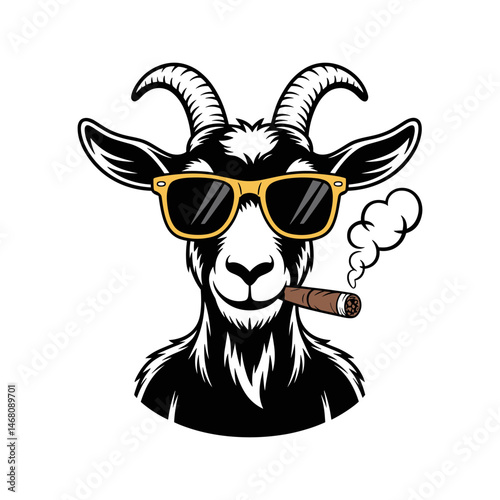 Goat with a Cigar: A cool goat, wearing sunglasses and enjoying a cigar with smoke elegantly rising, stands as a symbol of laid-back style and confident swagger.