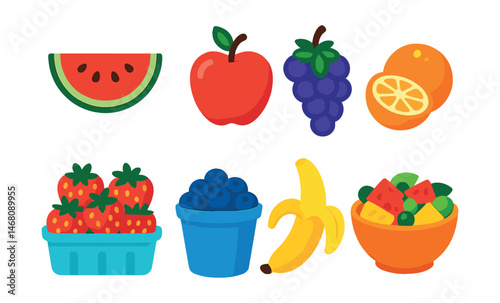 Flat vector icons of picnic-friendly fruits: sliced watermelon, whole apple, bunch of grapes, peeled orange, strawberries in container, blueberries in cup, banana with peel, fruit salad in bowl.