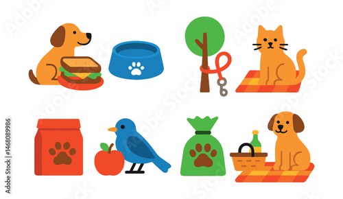 Flat vector icons of picnic with pets: dog near sandwich, pet water bowl icon, leash tied near tree, cat near blanket, paw near food box, bird near fruit, pet waste bag, picnic with fur friend.
