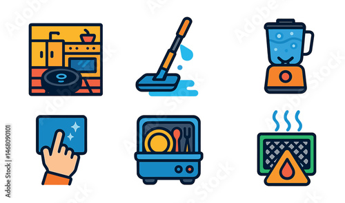 Flat vector icons of smart cleaning gadgets: robotic vacuum in kitchen, digital mop with spray, self-cleaning oven feature, auto-clean blender, touch panel cleaner, compact dishwasher, grease sensor