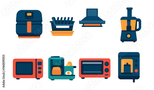 Flat vector icons of space-saving kitchen tech: foldable air fryer, collapsible dish rack, retractable hood, vertical food processor, compact microwave, all-in-one breakfast station, slim-line