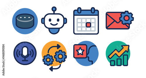 Flat vector icons of AI assistants: smart speaker device badge, virtual assistant chatbot icon, AI personal scheduler, smart email sorting app, voice recognition AI app, AI task automation badge,