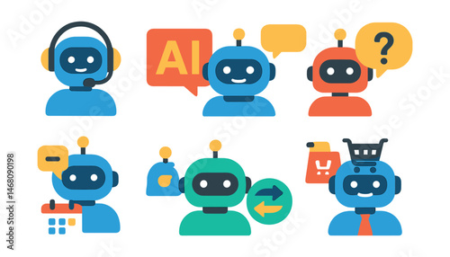 Flat vector icons of chatbot applications: customer support chatbot badge, AI helpdesk assistant, FAQ automation chatbot, conversational AI service, appointment scheduling chatbot, language