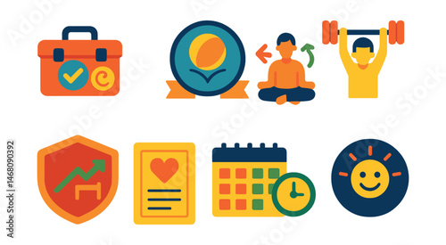 Flat vector icons of emotional resilience: coping strategies toolbox, bounce-back plan badge, emotional flexibility training, mental toughness exercises icon, overcoming setbacks badge, resilience