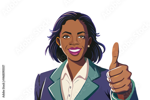 portrait of confident African American businesswoman giving thumbs up, wearing formal suit. Symbol of approval, leadership, positivity, success, and empowerment. Isolated on white background