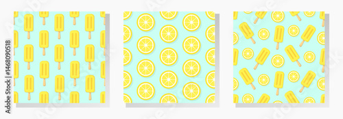 Lemon ice cream vector seamless patterns collection. Set of yellow eskimo and slices of lemon on turquoise background.