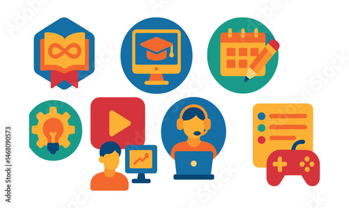 Flat vector icons of education and skills development careers: lifelong learning consultant badge, online education strategist badge, learning experience designer planner, edtech innovation manager