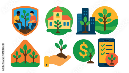 Flat vector icons of tree planting projects: community tree planting badge, school greening project badge, urban reforestation campaign, rewilding nature reserve badge, carbon sequestration tree farm