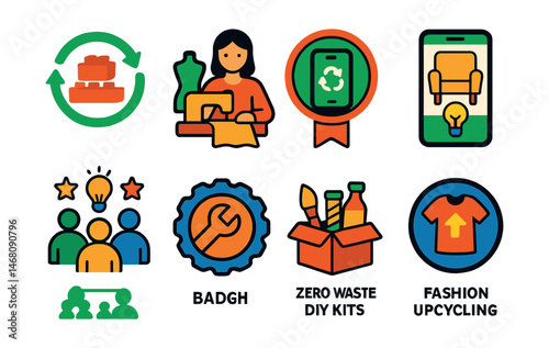 Flat vector icons of upcycling and waste transformation: plastic bricks recycling badge, fabric waste upcycling workshops, second-life electronics badge, furniture upcycling ideas app, creative reuse