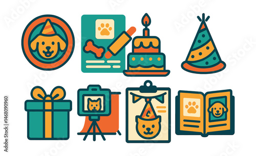 Flat vector icons of pet birthdays and celebrations: pet birthday party badge, custom pet treats baking guide, pet-friendly cake icon, party hat for pets badge, birthday gift ideas for pets, pet