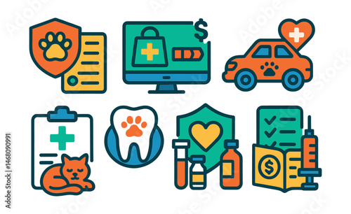 Flat vector icons of pet insurance and healthcare: pet insurance plan options badge, emergency vet fund tracker, accident coverage icon, dental insurance for pets badge, chronic illness management