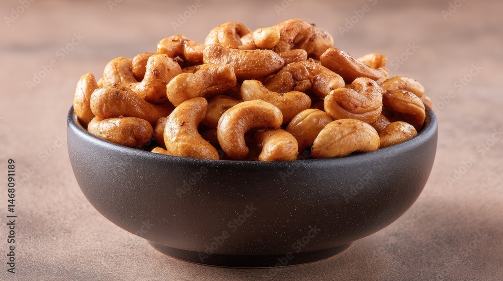 Glazed Cashews Sweet Salty Snack Temptation in a Black Bowl. Glazed Cashews Sweet Salty Snack Temptation in a Black Bowl.