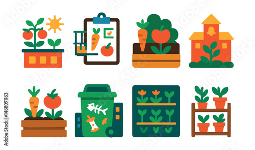 Flat vector icons of urban gardening: rooftop garden project badge, balcony vegetable garden planner, community garden plot badge, school garden initiative badge, raised bed gardening badge,